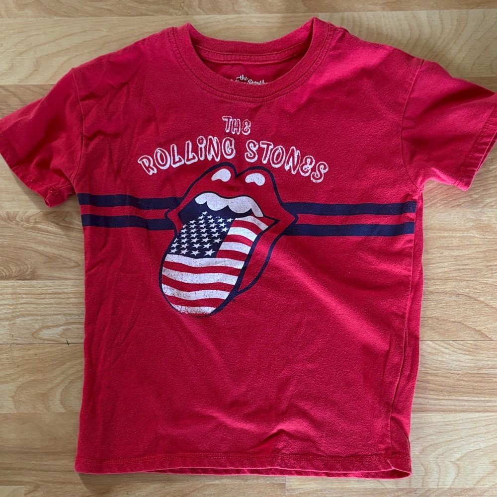 the Rolling Stones Red Kids Tee with Navy Stripe & Flag Tongue